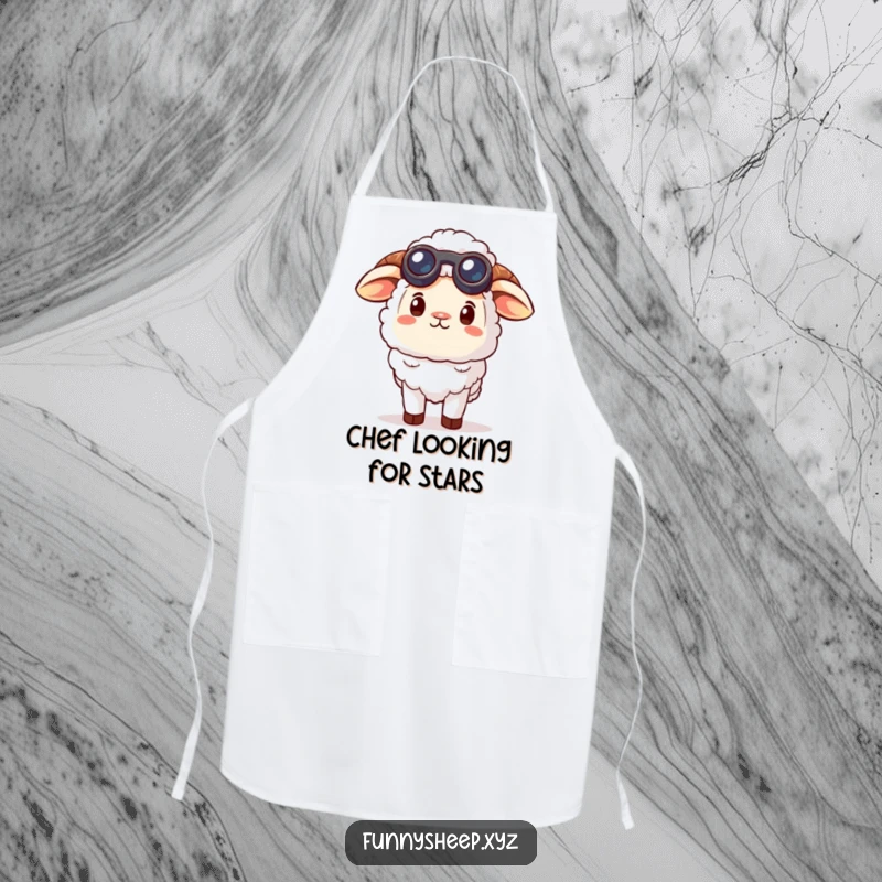 Funny curious sheep apron with a sheep character wearing small binoculars, looking up at the sky, ideal for kitchen use with humor.