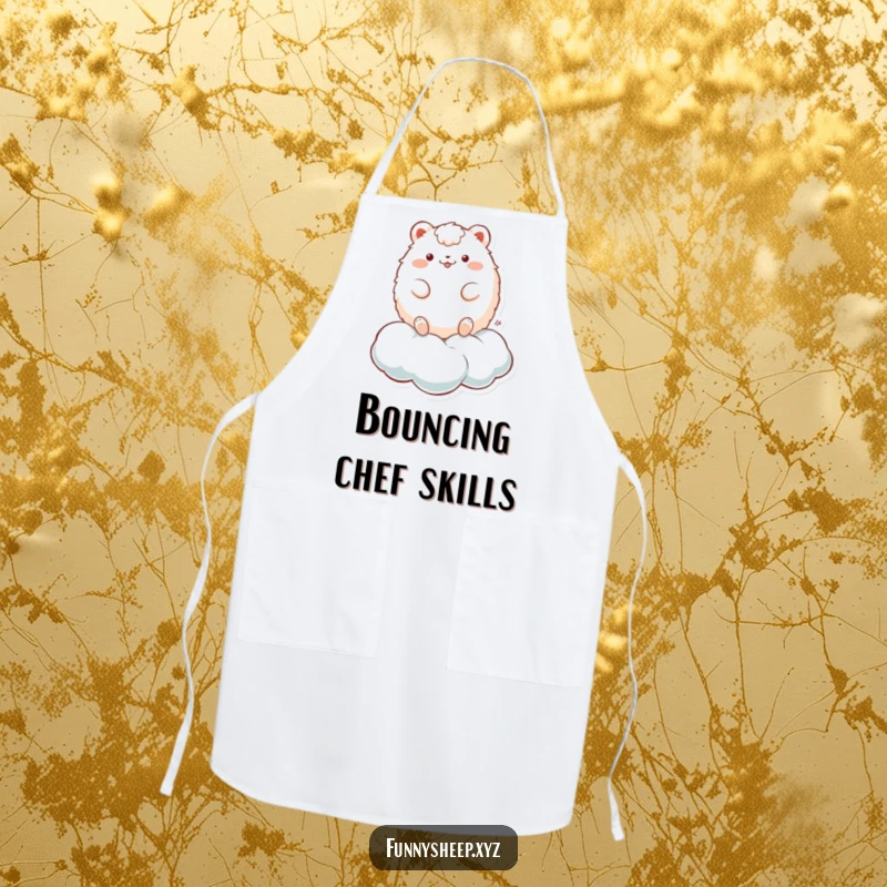 Funny Apron: A fluffy, round animal character playfully bouncing on a cloud, adding whimsical charm to kitchen tasks.