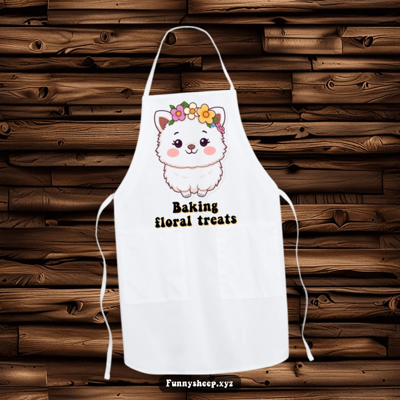Funny Apron: A happy, fluffy animal character wearing a flower crown, adding whimsical charm to kitchen tasks.