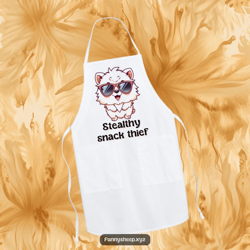 Funny apron design featuring a giggling fluffy animal character sporting oversized sunglasses, ready to add humor to kitchen duties.