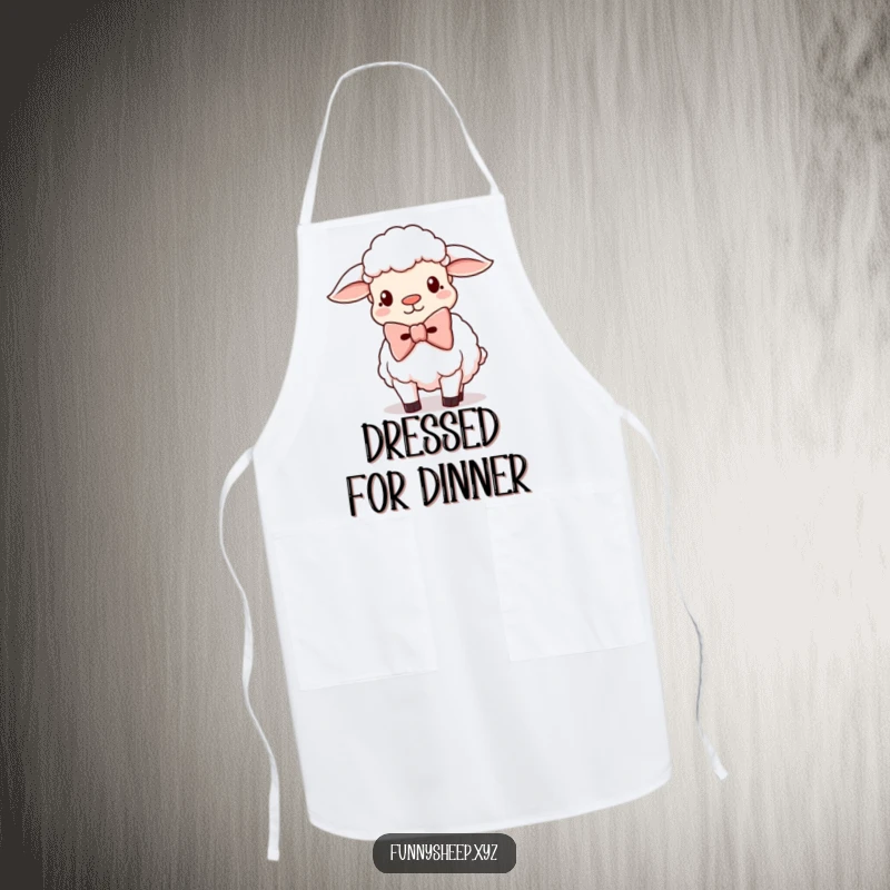 Funny Sheep Apron, depicting a silly sheep wearing a giant oversized bowtie, ready for kitchen adventures.