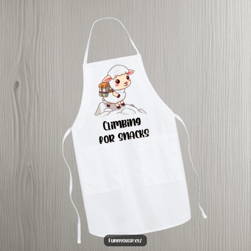 Funny sheep apron with a fluffy sheep wearing a backpack, ready for an adventurous climb, a humorous kitchen accessory.