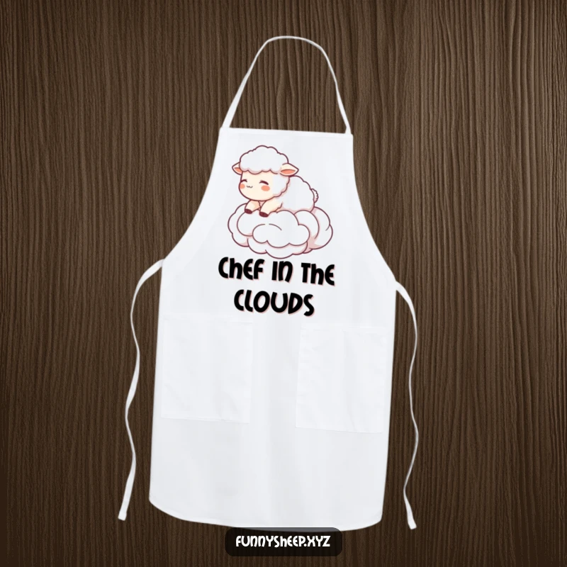 Funny Sheep Apron with a character floating on a wool cloud, dreamy and practical kitchenware, great funny gift.