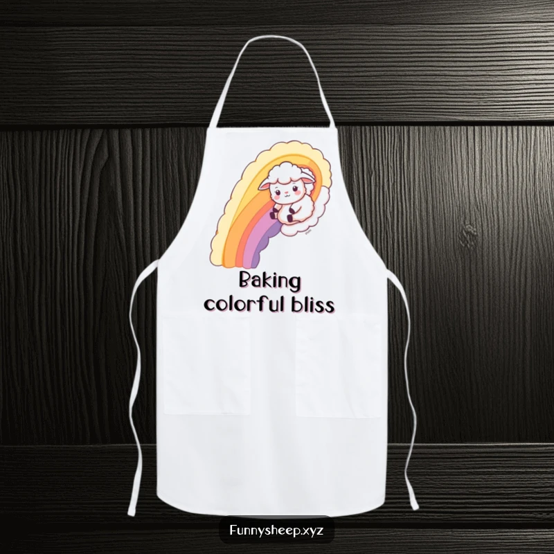 Funny Sheep Apron featuring a playful sheep sliding down a wool rainbow, perfect for kitchen fun.