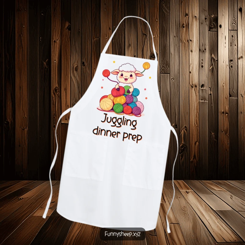 Funny Sheep Apron with a happy character juggling yarn balls, crafty and practical kitchenware, great funny gift.