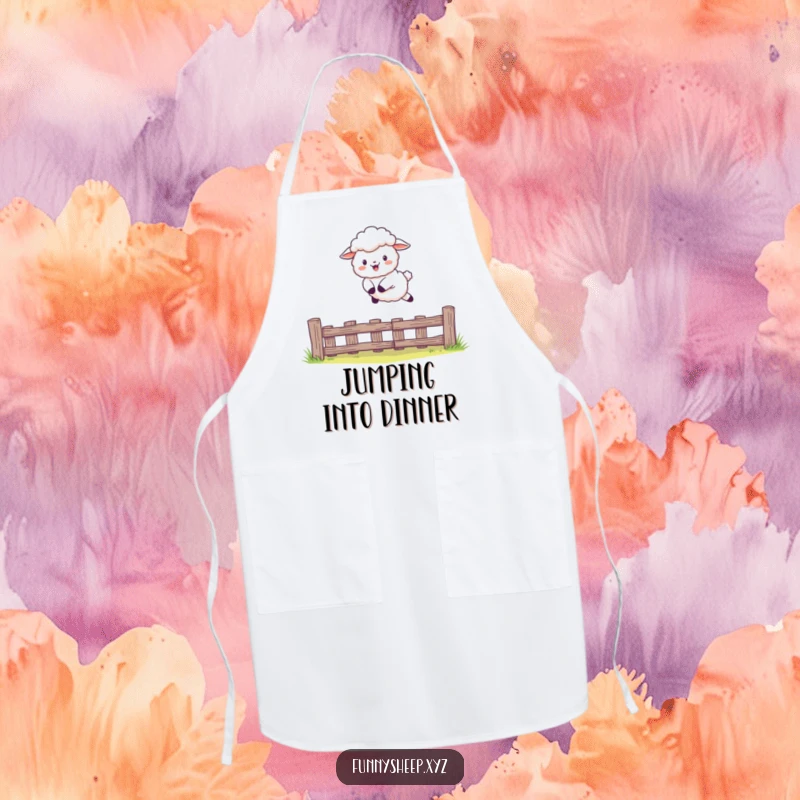 Funny Sheep Apron with a fluffy character leaping over a fence, whimsical and practical kitchenware, great funny gift.