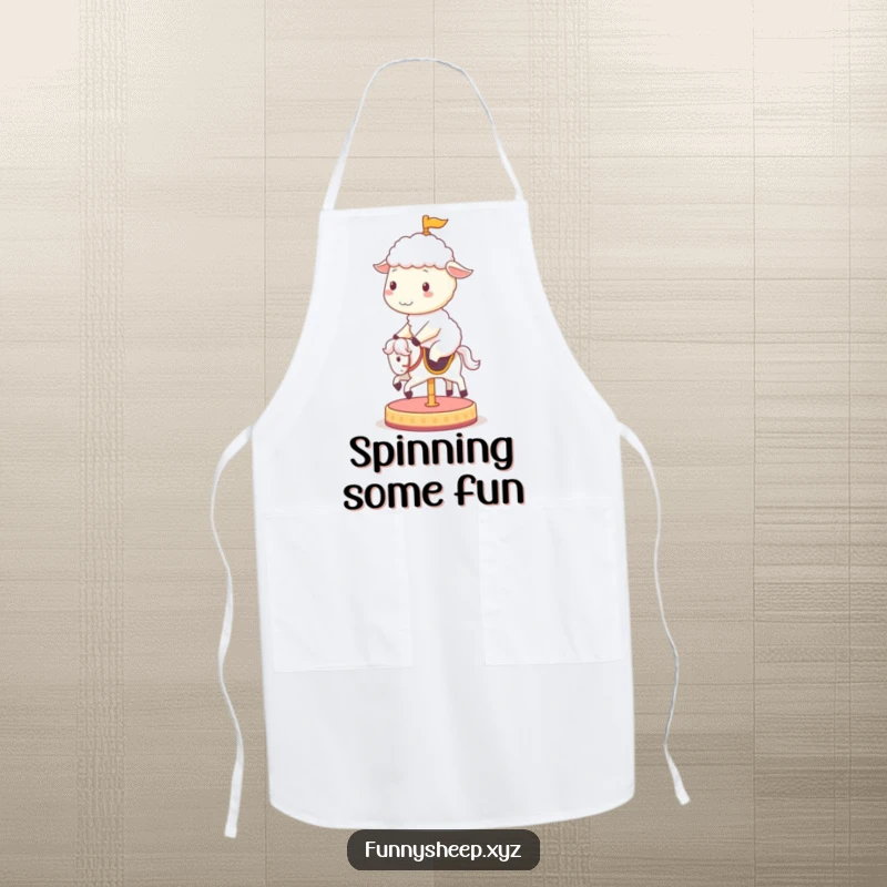 Funny sheep apron with a cheerful sheep character joyfully riding a spinning carousel horse, perfect for kitchen fun and spills.