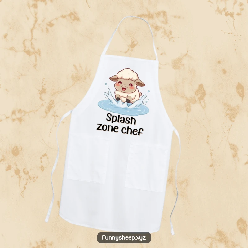 Funny sheep apron with a fluffy sheep gleefully splashing in a puddle, sending water flying, a humorous kitchen accessory.