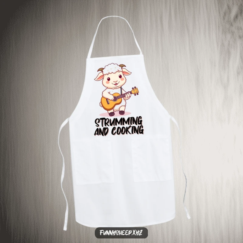 Funny sheep apron showing a fluffy sheep with woolly hooves playing a small ukulele, a comical kitchen accessory.