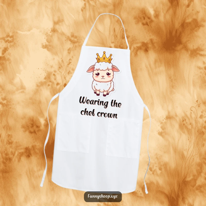 Funny sheep apron with a fluffy sheep wearing a small crown, looking regal but confused, a humorous kitchen accessory.