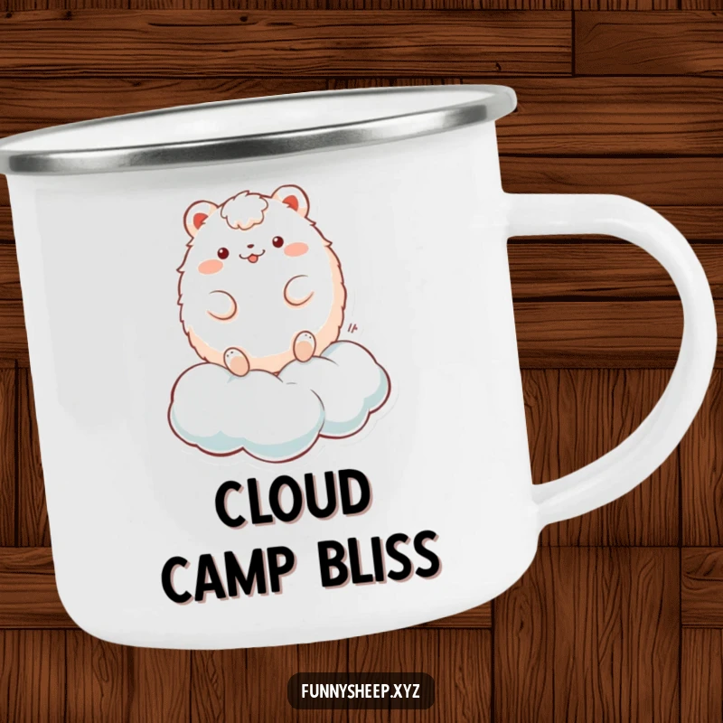 Funny Camping Mug: A fluffy, round animal character playfully bouncing on a cloud, perfect for outdoor enjoyment and whimsy.