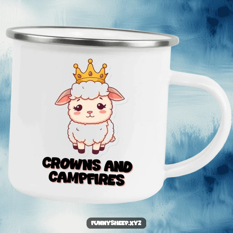 Funny sheep camping mug with a fluffy sheep wearing a small crown, looking regal but confused, for outdoor royalty.