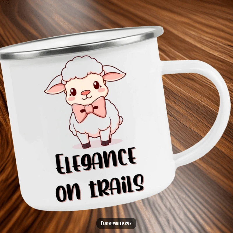 Funny Sheep Camping Mug featuring a silly sheep in a giant oversized bowtie, ideal for outdoor enthusiasts.
