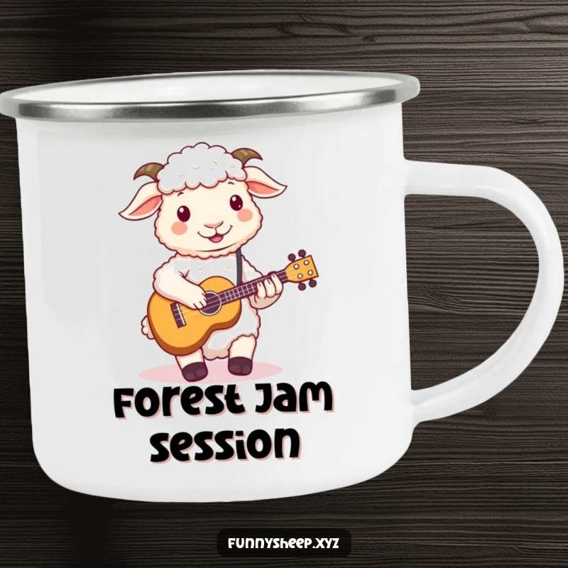 Funny sheep camping mug with a fluffy sheep playing a small ukulele, perfect for outdoor music lovers.