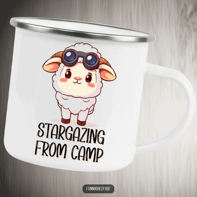 Funny curious sheep camping mug showing a sheep character wearing small binoculars, looking up at the sky, ideal for outdoor drinks with humor.