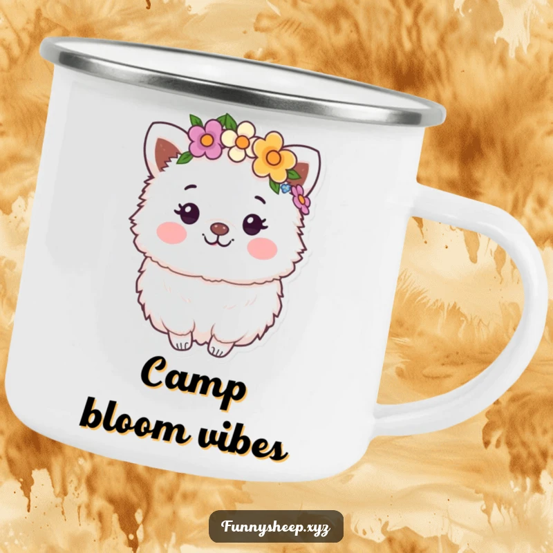 Funny Camping Mug: A happy, fluffy animal character wearing a flower crown, perfect for outdoor enjoyment and bohemian charm.