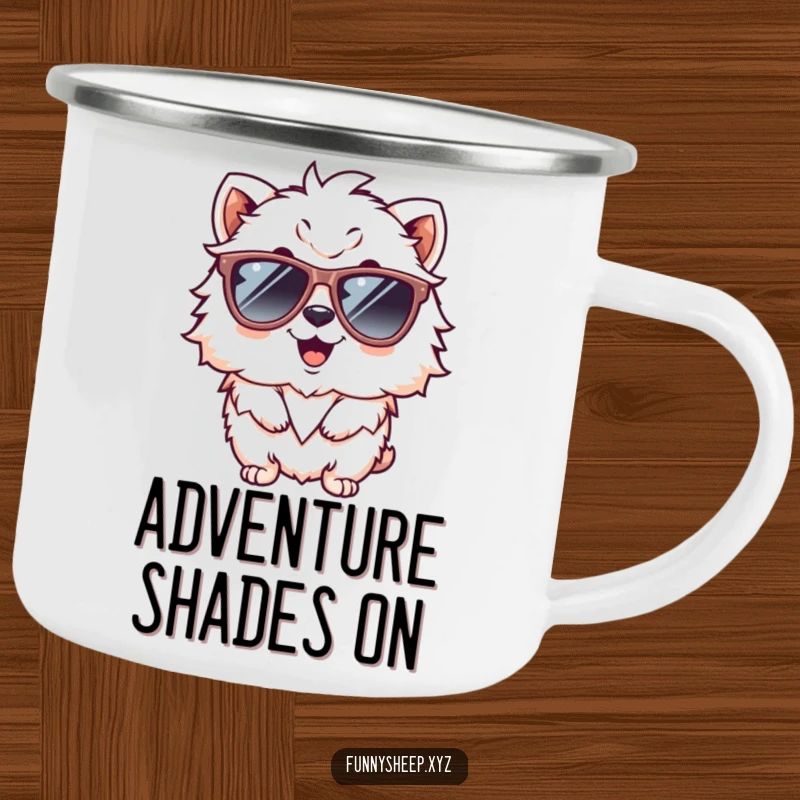 Funny camping mug showcasing a giggling fluffy animal character in oversized sunglasses, ready for campfire stories and laughter.