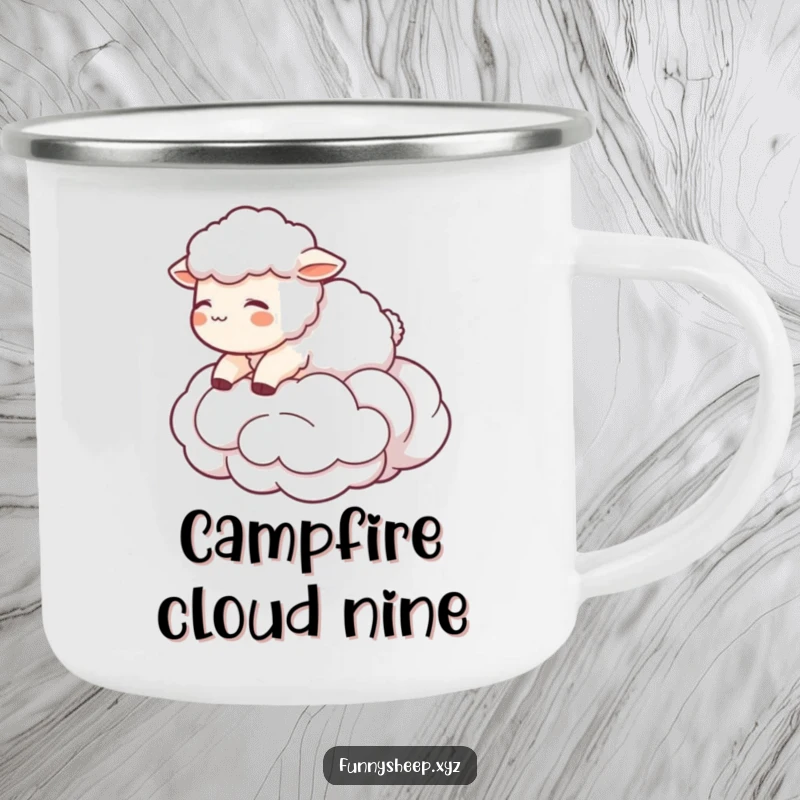 Funny Sheep Camping Mug with a character floating on a wool cloud, durable and dreamy, great funny gift.