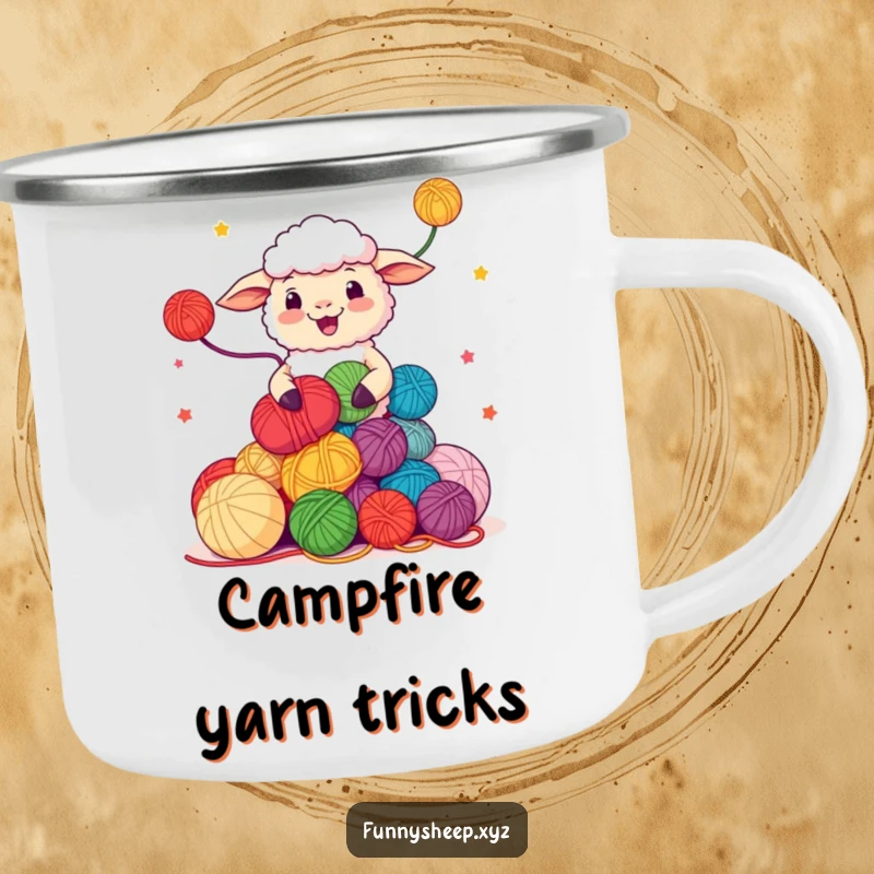 Funny Sheep Camping Mug with a character juggling yarn balls, durable and humorous outdoor gear, great funny gift.