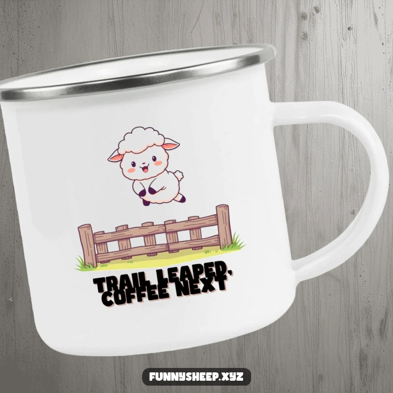 Funny Sheep Camping Mug with a character leaping over a fence, durable and humorous outdoor gear, great funny gift.