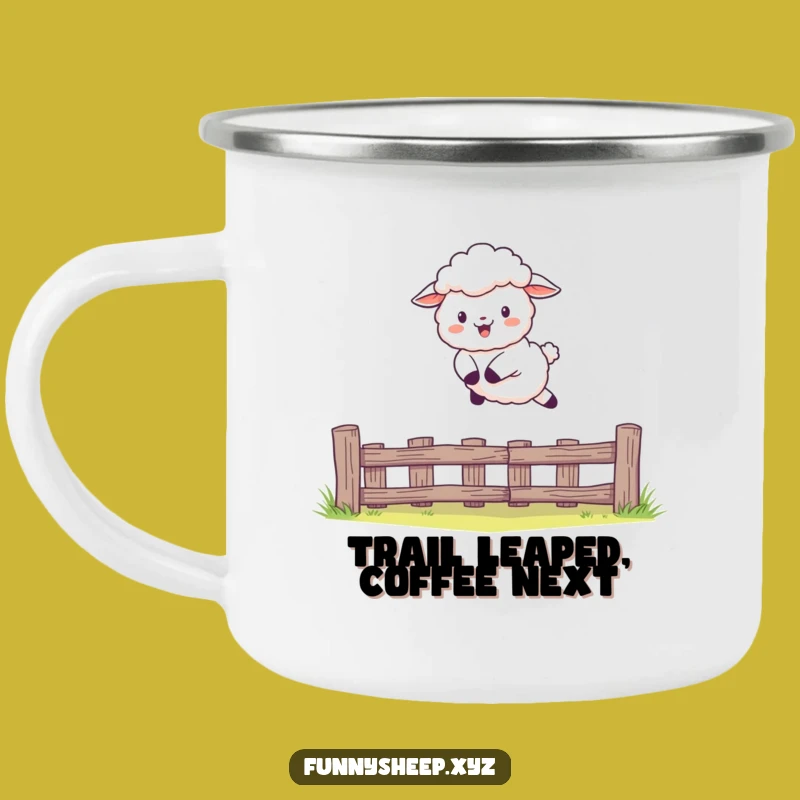 Funny Sheep Leaping Fence Camping Mug: Adventure Ready Humor, Perfect Funny Gift