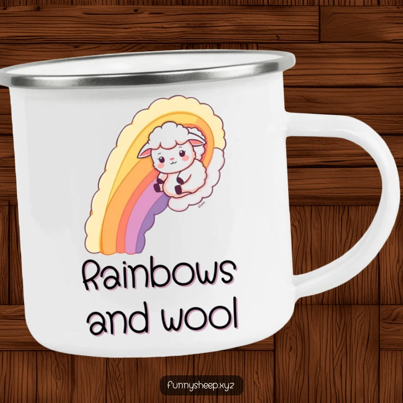 Funny Sheep Camping Mug featuring a playful sheep sliding down a wool rainbow, perfect for outdoor enthusiasts.