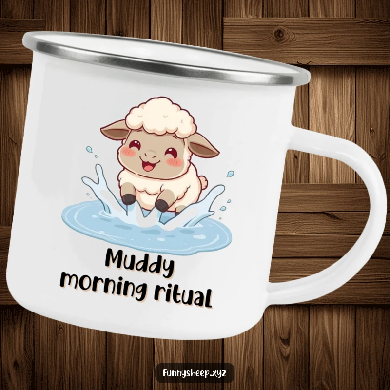 Funny sheep camping mug with a fluffy sheep gleefully splashing in a puddle, sending water flying, for playful outdoorsmen.