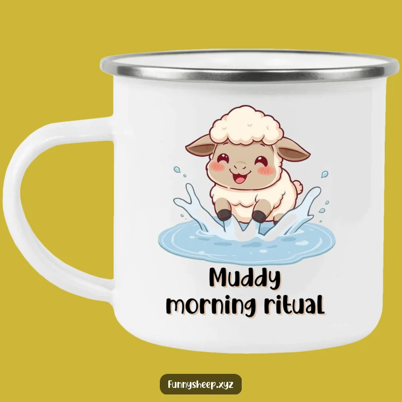 Funny Sheep Puddle Camping Mug, Outdoor Gleeful Splasher Enamel Cup, Hilarious Playful Gift