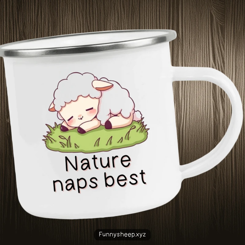 Funny sheep camping mug with a content sheep character peacefully napping on grass, great for serene sipping in nature.