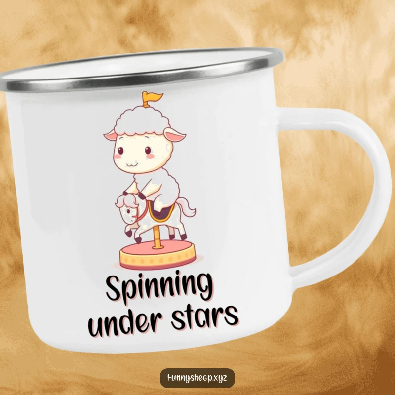Funny sheep camping mug with a cheerful sheep character riding a spinning carousel horse, perfect for outdoor fun and beverages.
