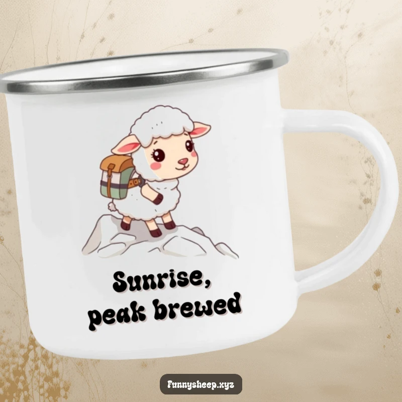 Funny sheep camping mug with a fluffy sheep wearing a backpack, ready for an adventurous climb, for outdoor enthusiasts.