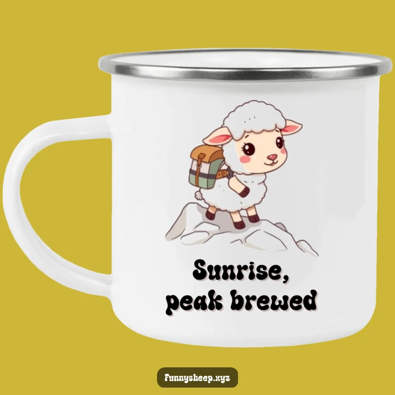 Funny Sheep Climber Camping Mug, Outdoor Adventurer Enamel Cup, Hilarious Expedition Gift