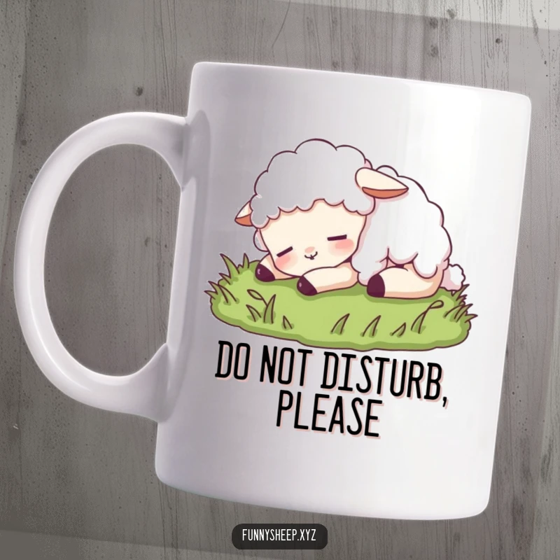 Funny sheep mug featuring a content sheep character peacefully napping on soft green grass, radiating calm and humor.