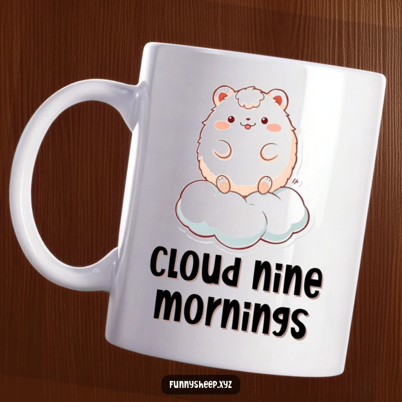 Funny Mug: A fluffy, round animal character joyfully bouncing high on a soft, white cloud, embodying playful bliss.