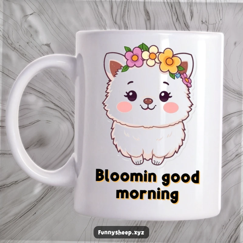 Funny Mug: A happy, fluffy animal character wearing a vibrant flower crown, exuding joy and bohemian charm.