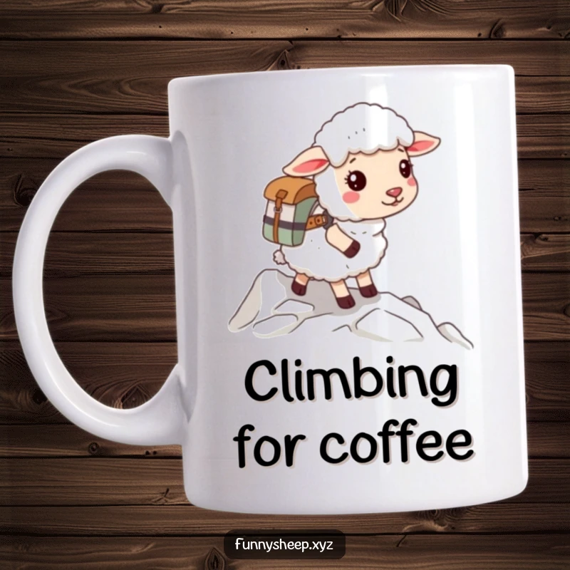 Funny sheep mug showing a fluffy sheep wearing a small backpack, ready to climb a mountain with determination.
