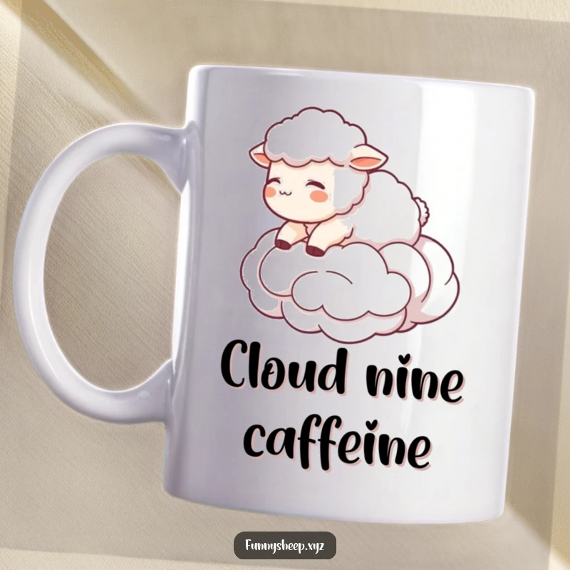 Funny Sheep Cloud Mug, cute character blissfully floating on a wool cloud, peaceful and humorous, great funny gift idea.