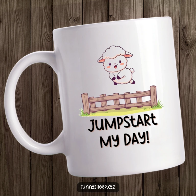 Funny Sheep Leaping Fence Mug, joyful character jumping over an obstacle, whimsical and cute, great funny gift idea.