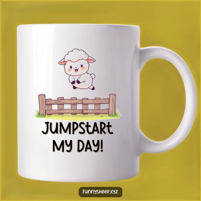 Funny Sheep Leaping Fence Mug: Joyful Character Art, Perfect Funny Gift