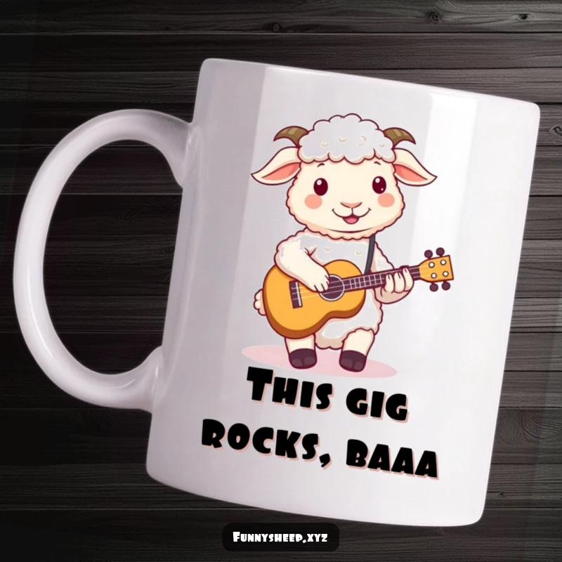Funny sheep mug with a fluffy sheep clumsily playing a miniature ukulele with its wool hooves, expressing musical passion.