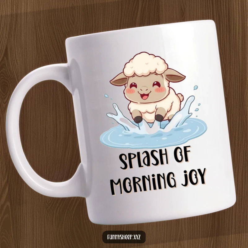 Funny sheep mug capturing a fluffy sheep joyfully splashing in a puddle, sending water droplets flying with pure delight.