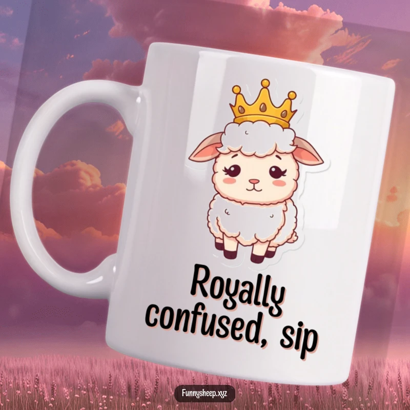 Funny sheep mug with a fluffy sheep wearing a tiny crown, looking regal yet slightly confused, a majestic mishap.