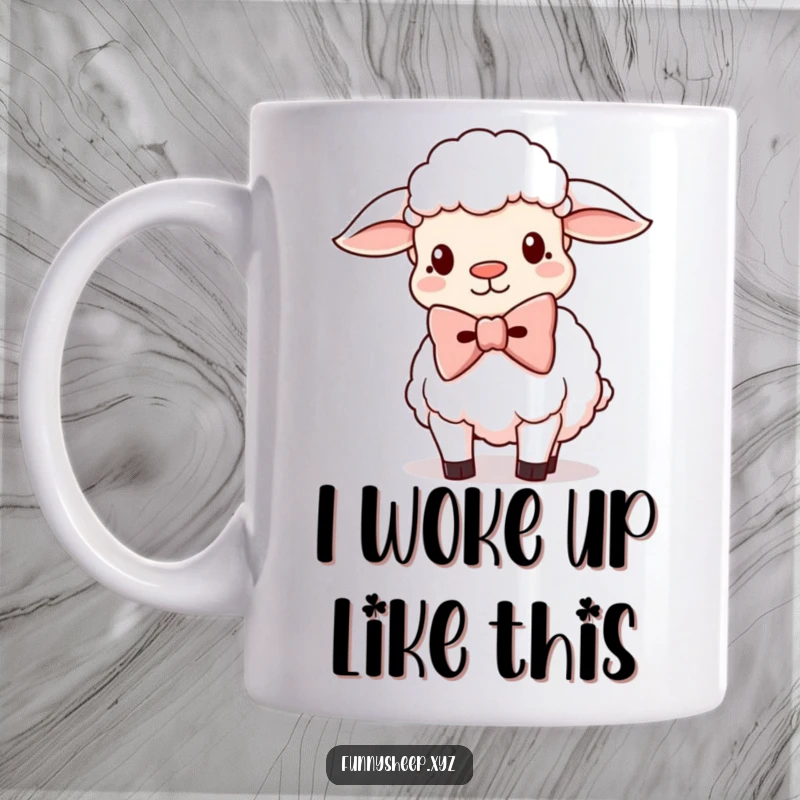 Funny Sheep Mug with a giant oversized bowtie, looking silly and adorable, perfect for coffee or tea lovers.