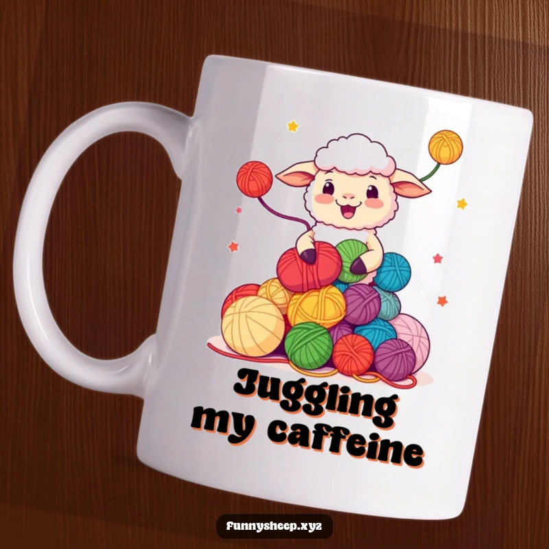 Funny Sheep Juggling Yarn Mug, happy character juggling colorful yarn balls, playful and skilled, great funny gift idea.