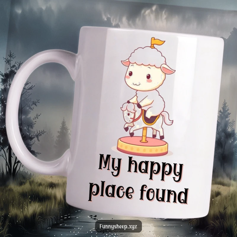 Funny sheep mug with a cheerful sheep character joyfully riding a spinning carousel horse, capturing pure, unadulterated fun.