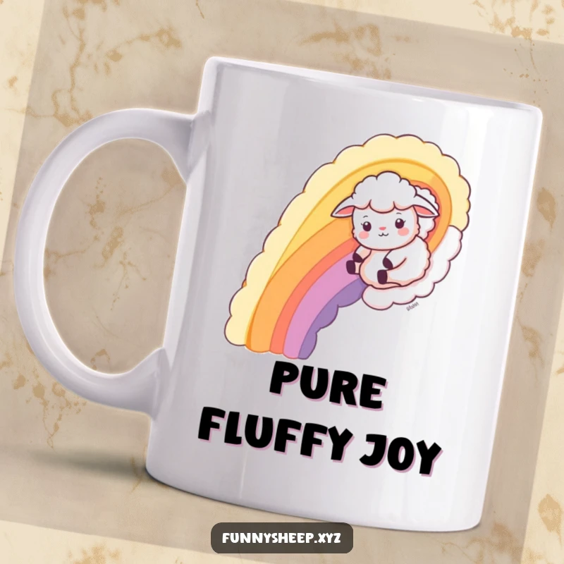 Funny Sheep Mug with a playful sheep character sliding down a rainbow made of colorful wool, full of joy.