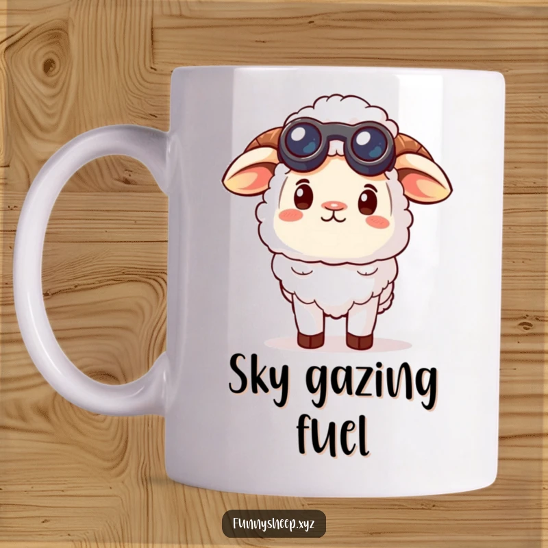 Funny curious sheep mug showing a sheep character wearing tiny binoculars, looking intently at the sky with a sense of wonder.