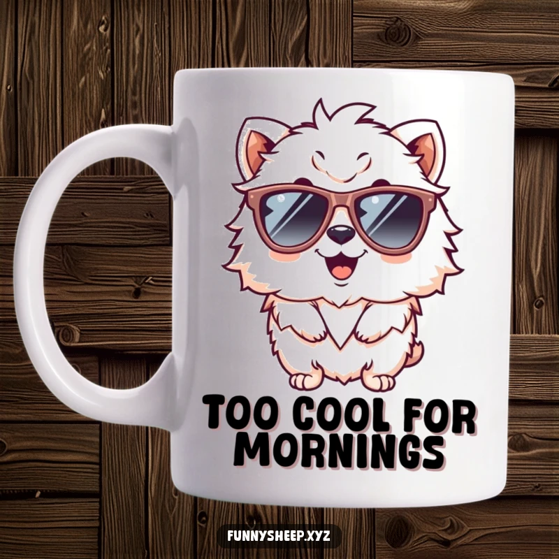 Funny mug with a giggling fluffy animal character sporting huge, trendy sunglasses, radiating pure joy and cool vibes.