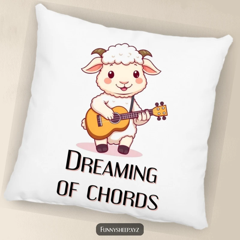 Funny sheep pillow with a fluffy sheep attempting to play a miniature ukulele with its woolly hooves, a cozy music theme.