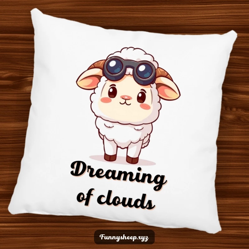 Funny curious sheep pillow showing a sheep character wearing tiny binoculars, looking up at the sky, providing comfort and humorous inspiration.